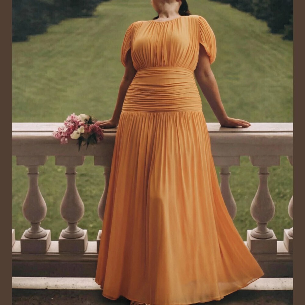 Marigold Orange Ruched Puff Sleeve Round Neck A-Line Maxi Dress